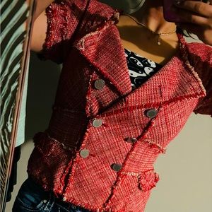 Woman’s Sz medium tweed red and khaki woven short sleeve blazer. Mint condition!